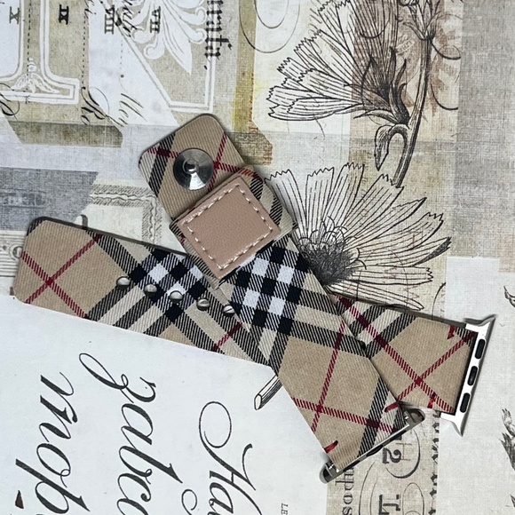 Plaid Checker Apple Watch Band, Leather Band Strap Beige 38/40/41/42/44/45 mm SE - Picture 4 of 9